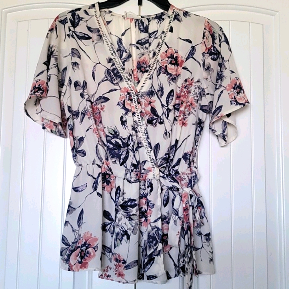 Sienna Sky Cream Floral Wrap Blouse with Pink & Navy Accents